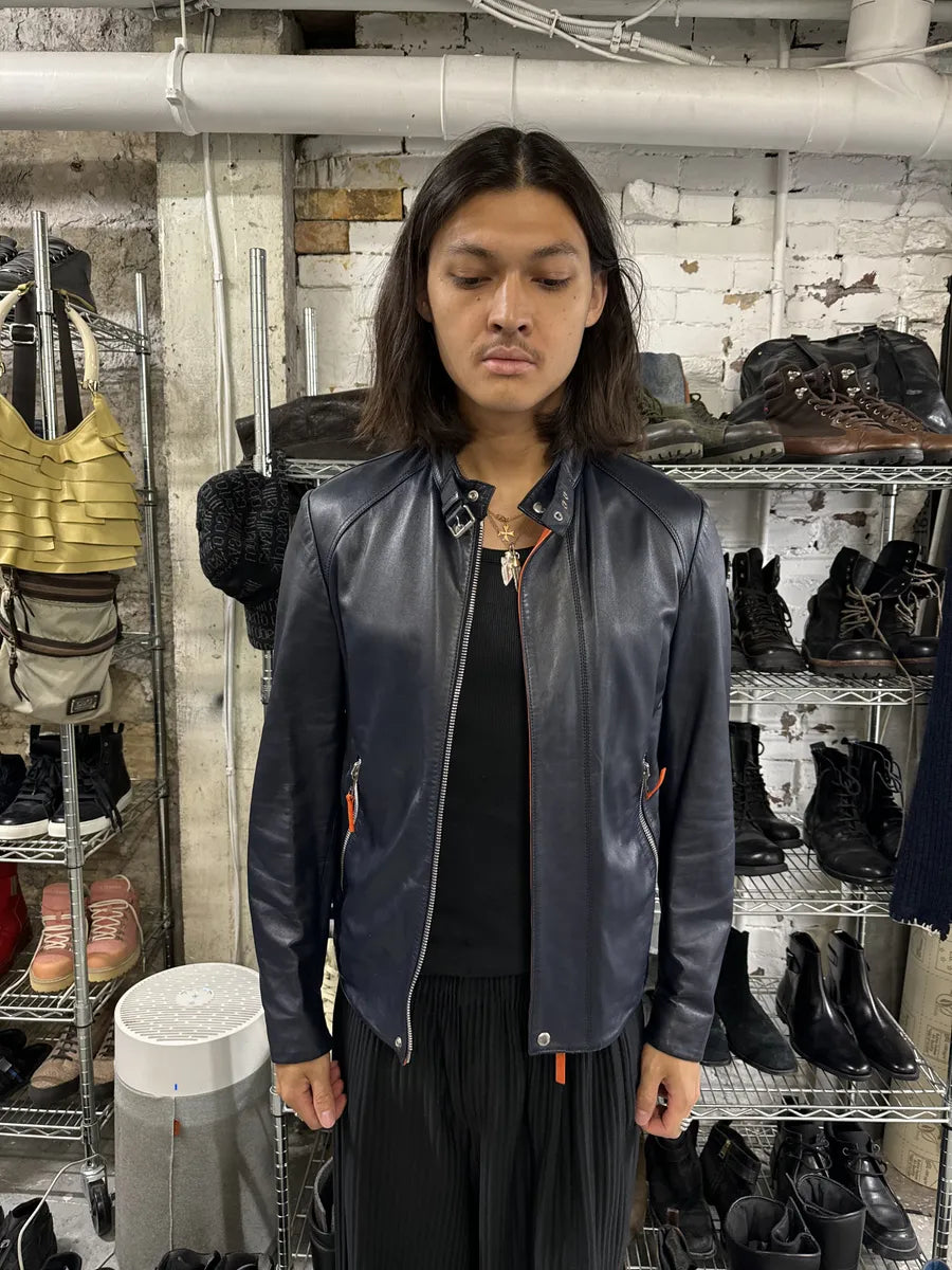 SS2016 Dior Homme Navy Leather Orange Lining Jacket qskBovi 3