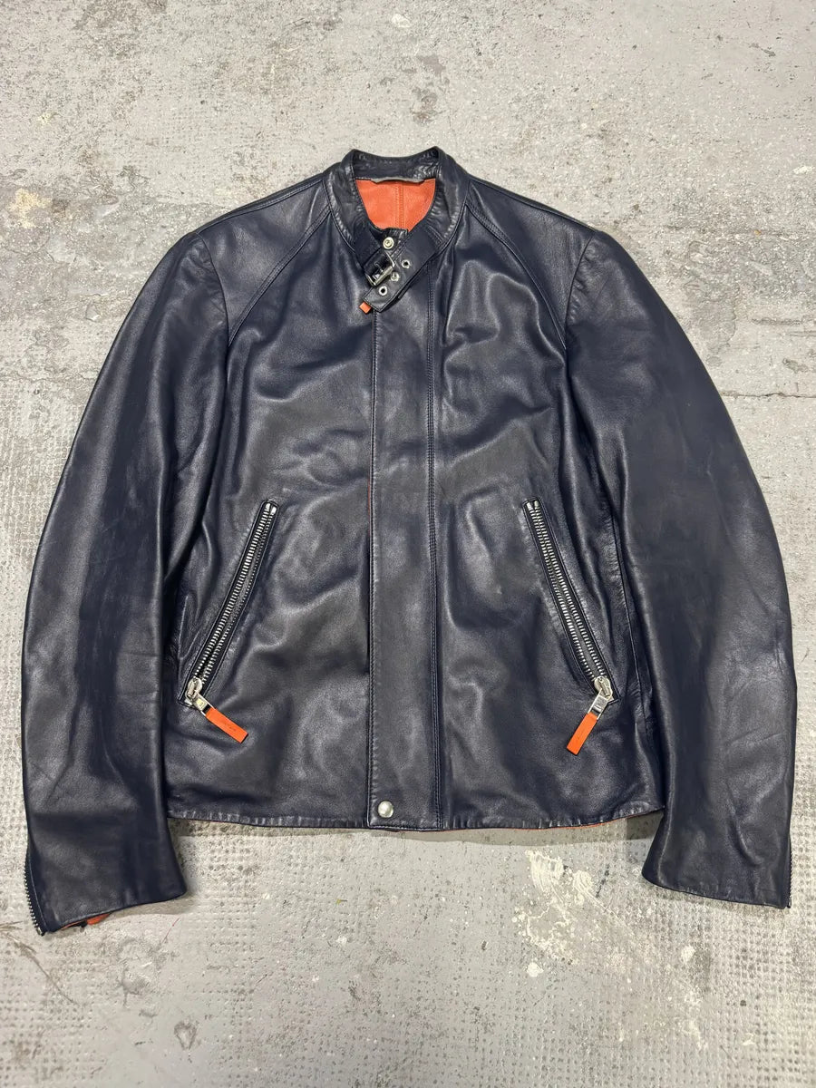 SS2016 Dior Homme Navy Leather Orange Lining Jacket qskBovi 5