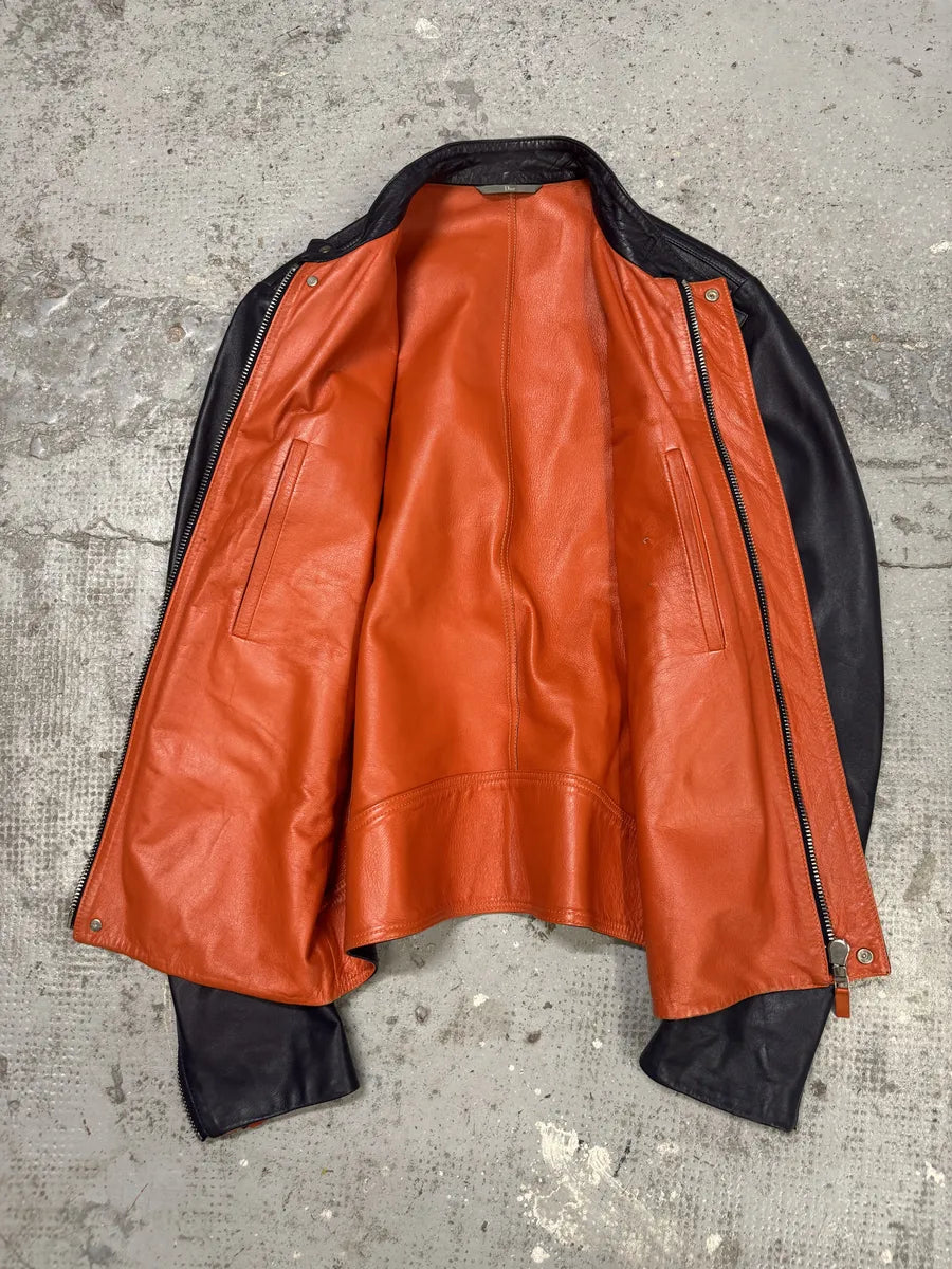 SS2016 Dior Homme Navy Leather Orange Lining Jacket qskBovi 6