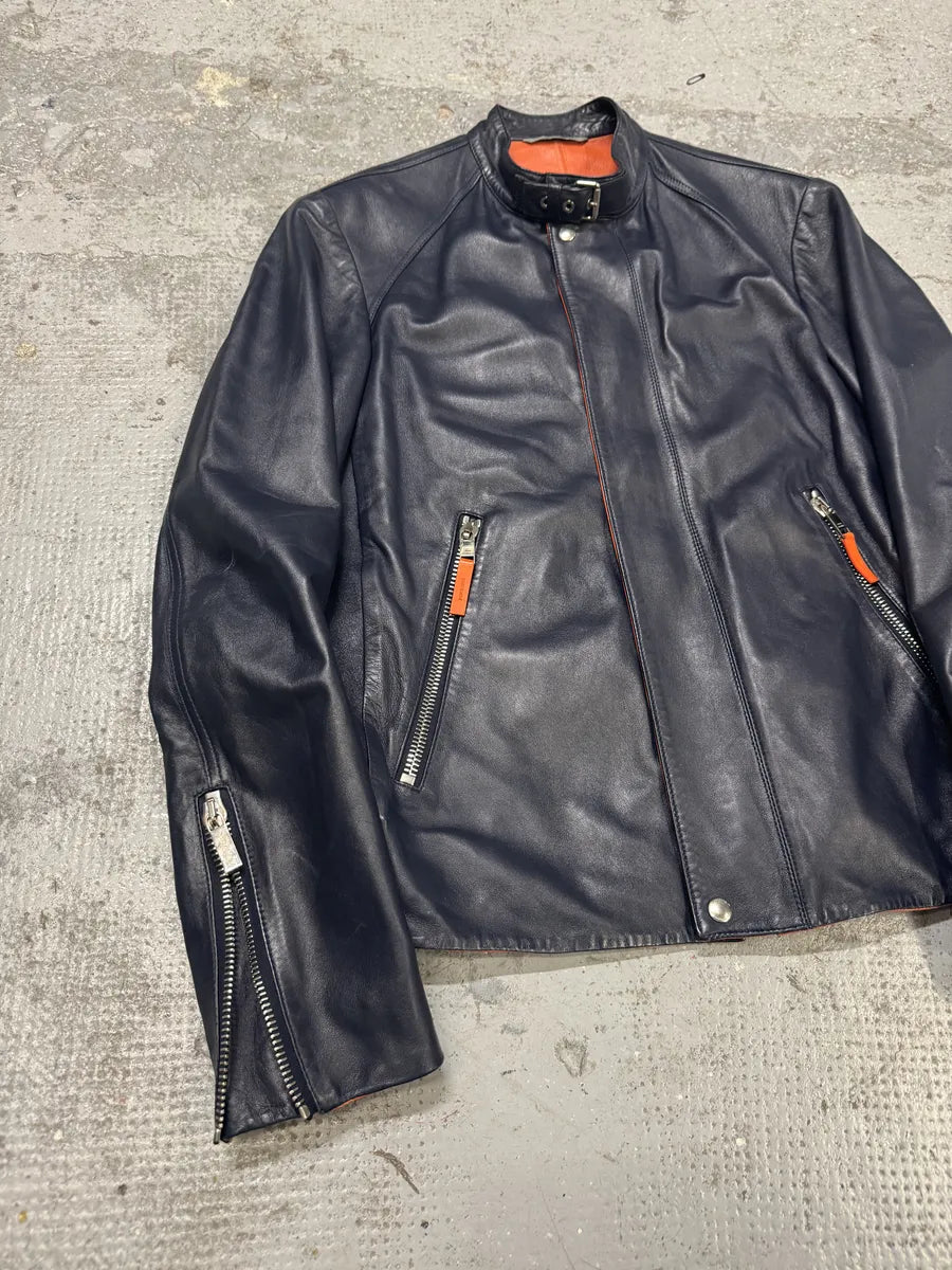 SS2016 Dior Homme Navy Leather Orange Lining Jacket qskBovi 7
