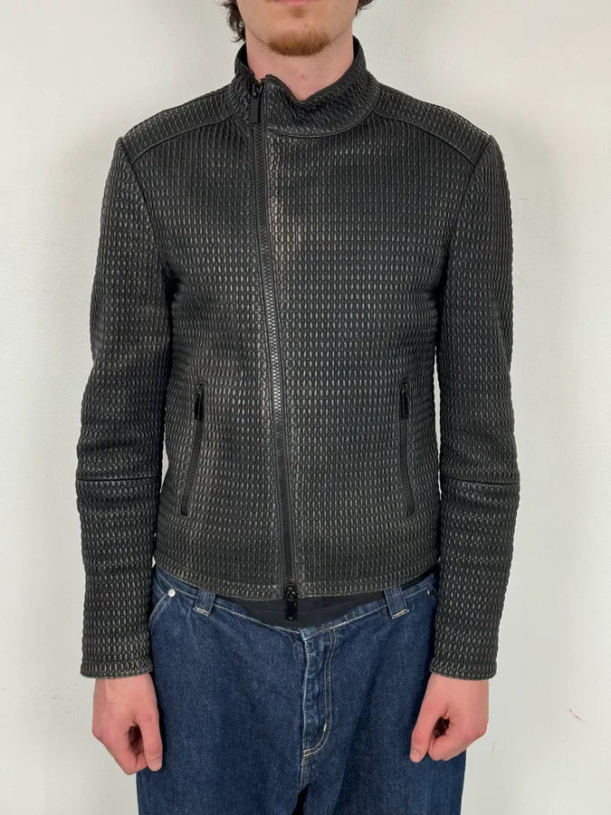 SS2016 Emporio Armani Woven Asymmetrical Leather Jacket LmagfON 1