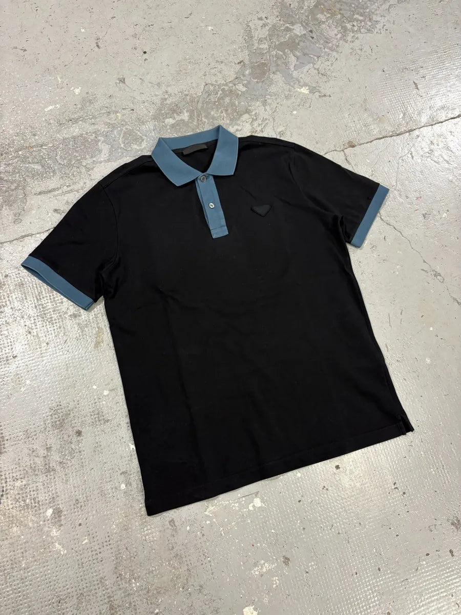 SS2016 Prada Black Signature Blue Collar Polo Shirt eOevlUT 4