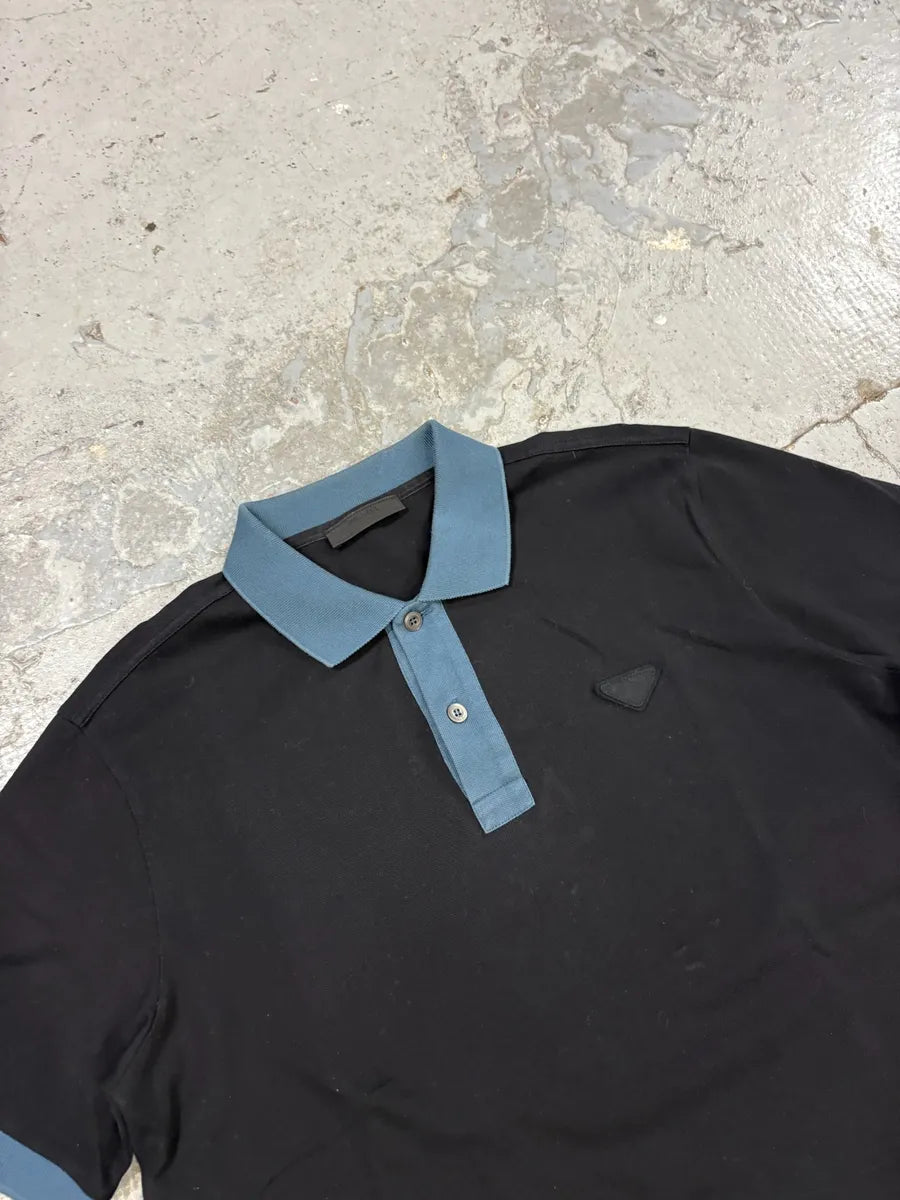 SS2016 Prada Black Signature Blue Collar Polo Shirt eOevlUT 5