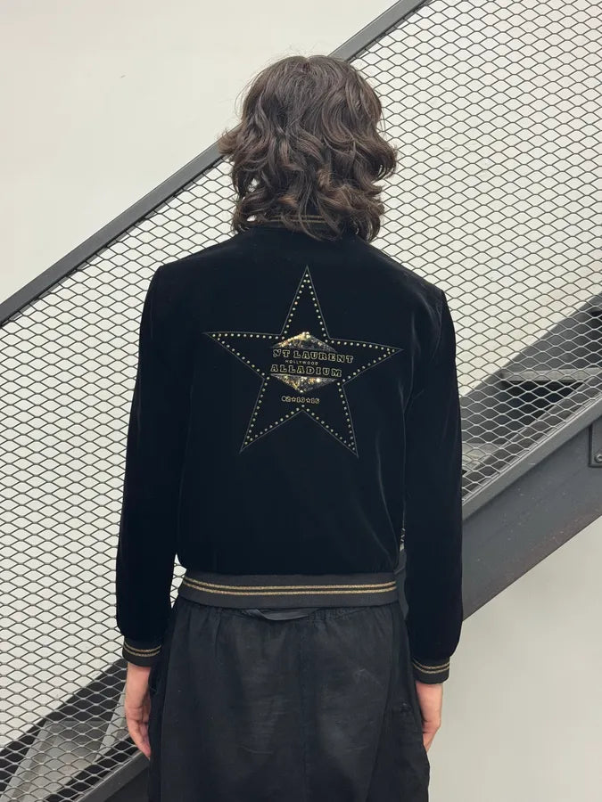 SS2016 Saint Laurent Black Velvet Palladium Star Bomber Jacket qsBndPT 2