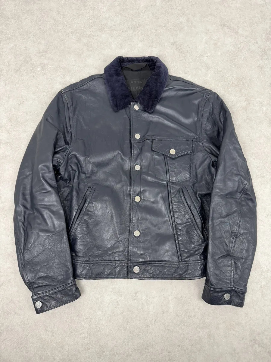 SS2017 Acne Studios Arno Velvet Collar Navy Leather Jacket pRBmIDm 0