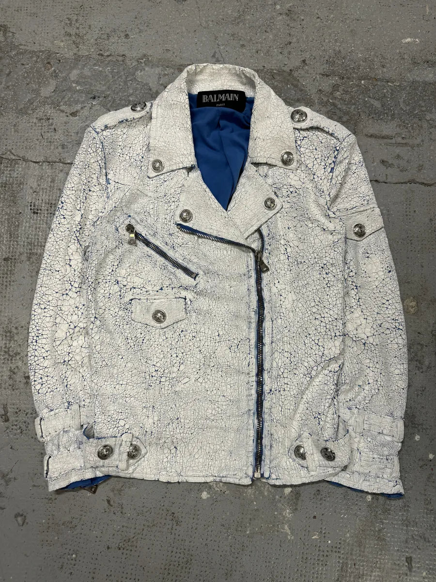 SS2017 Balmain Biker White Painted Blue Perfecto Jacket xqgMhWb 0