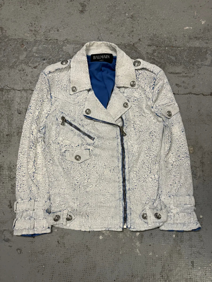 SS2017 Balmain Biker White Painted Blue Perfecto Jacket xqgMhWb 4