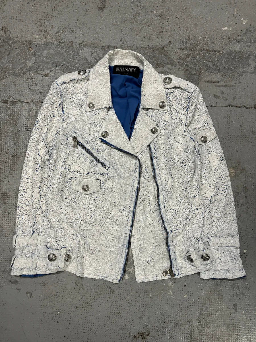 SS2017 Balmain Biker White Painted Blue Perfecto Jacket xqgMhWb 5