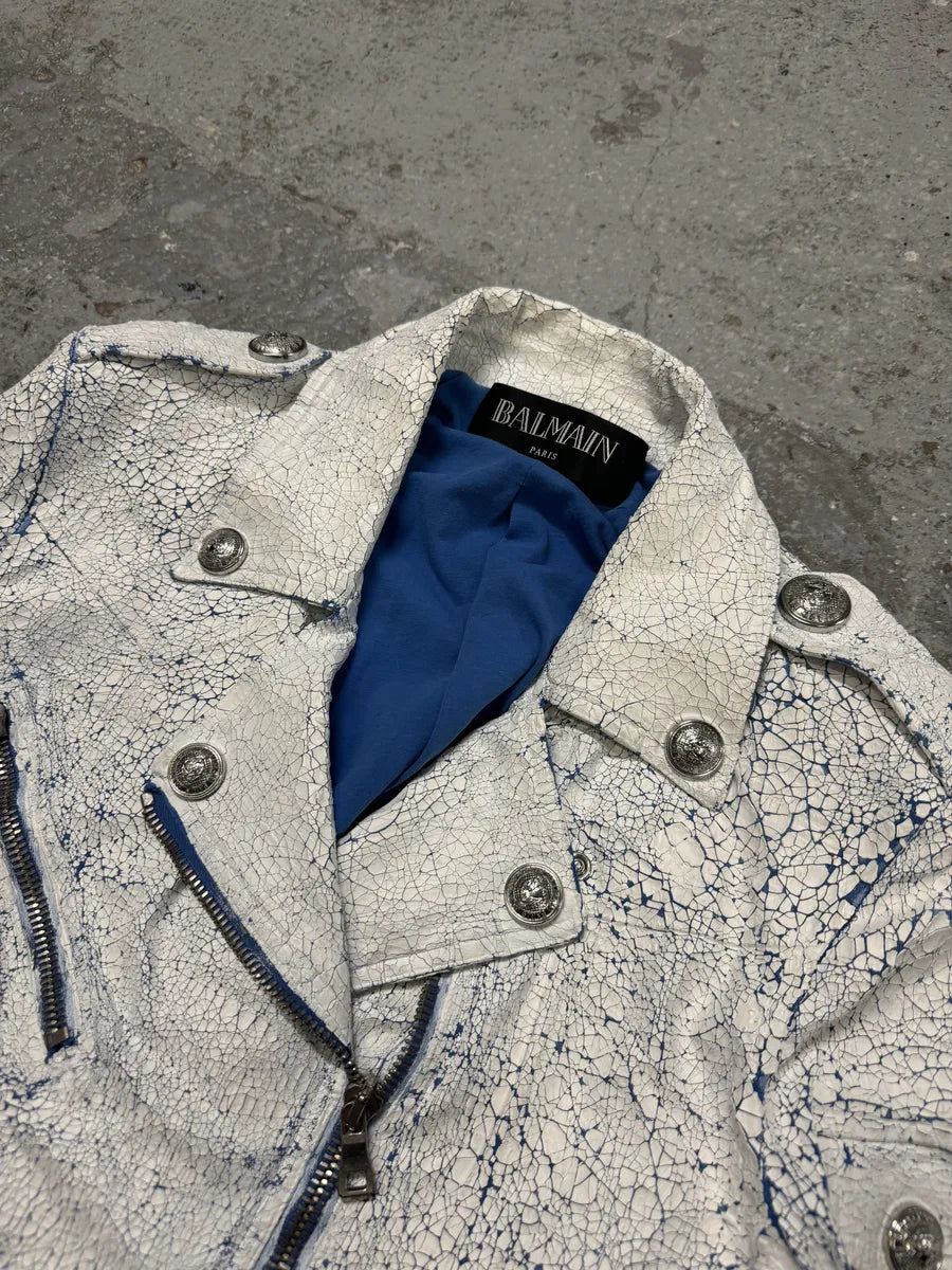 SS2017 Balmain Biker White Painted Blue Perfecto Jacket xqgMhWb 8