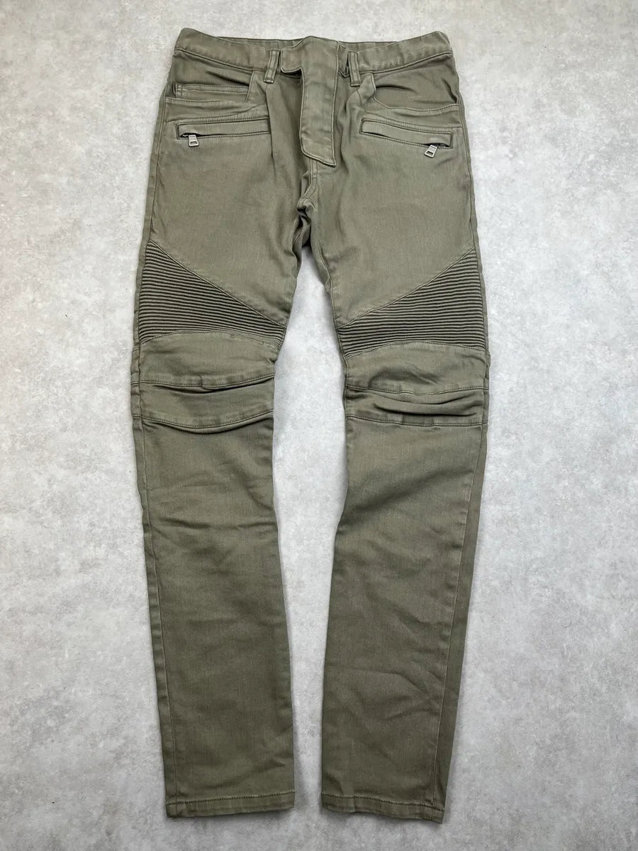 SS2017 Balmain Khaki Green Sample Biker Jeans vhXaUAK 0