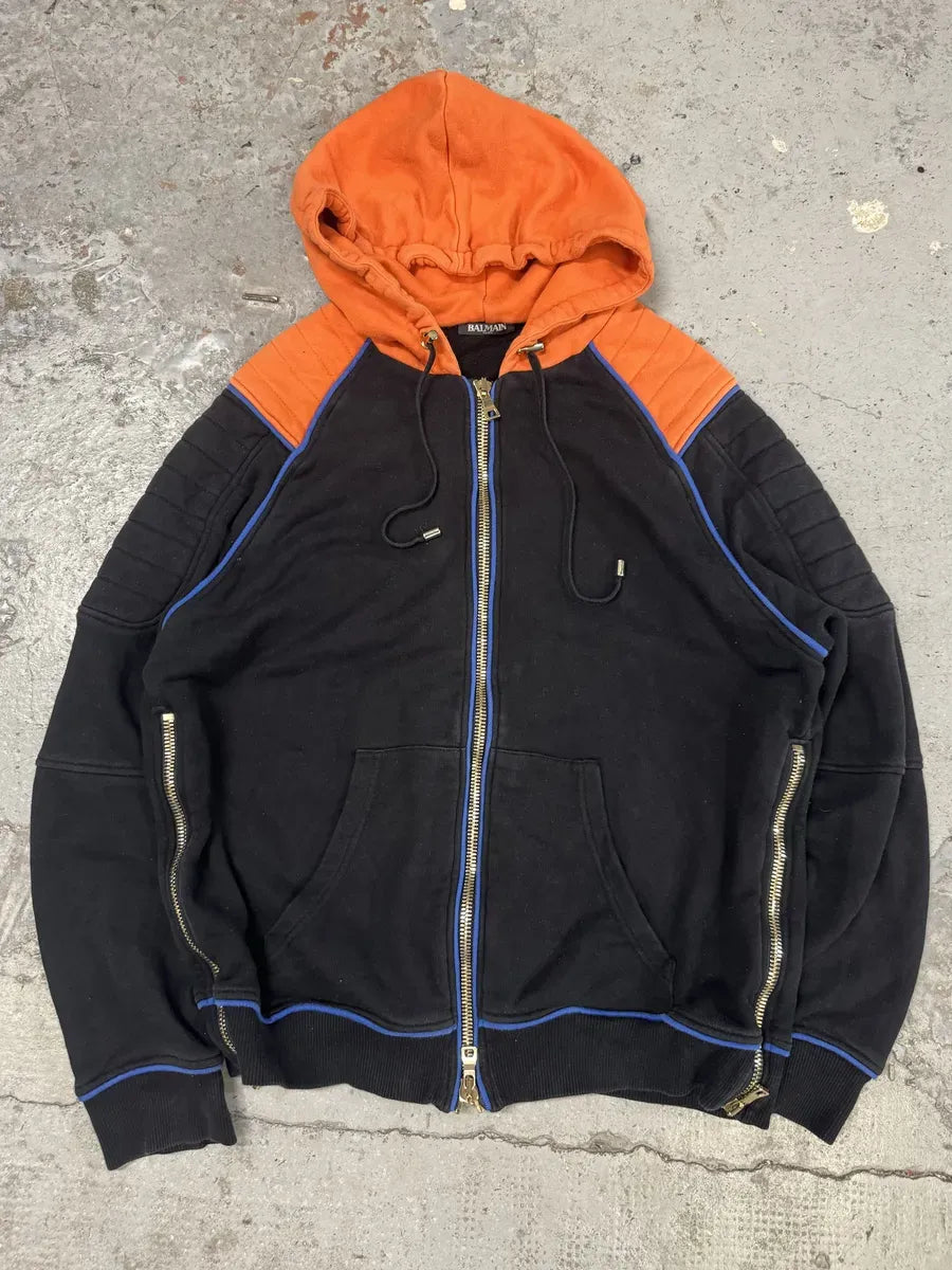 SS2017 Balmain Navy & Orange Biker Zip-up Hoodie oIcwpcN 3