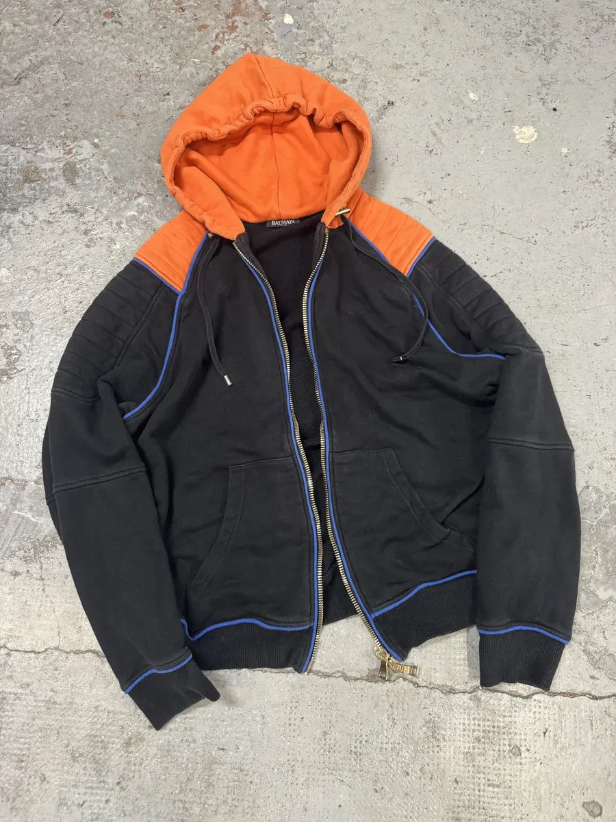 SS2017 Balmain Navy & Orange Biker Zip-up Hoodie oIcwpcN 5