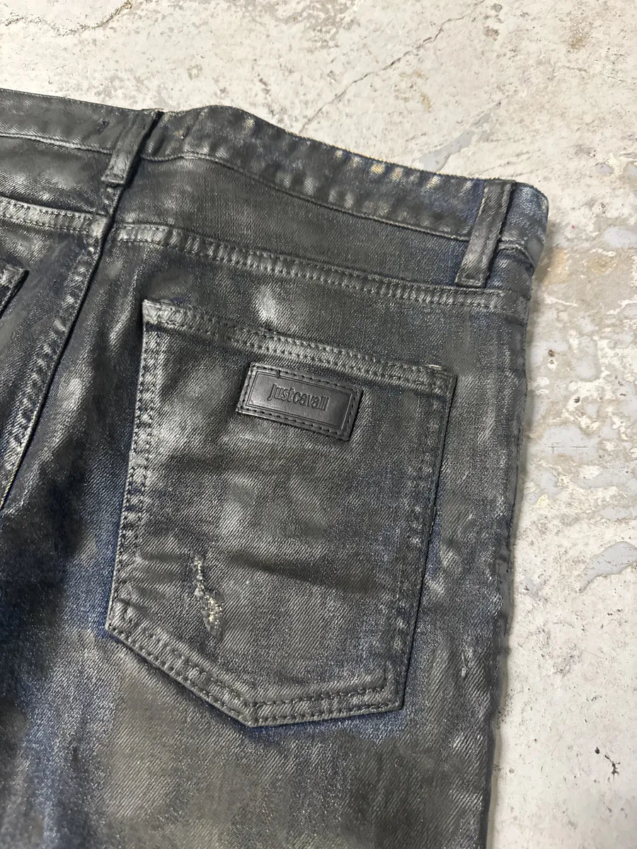 SS2017 Cavalli Black Waxed Brut Denim Skinny Jeans FEssZct 4