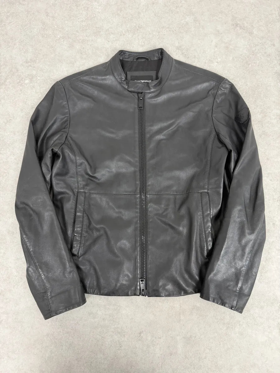 SS2017 Emporio Armani Agent Black Leather Jacket VuhVfTq 0