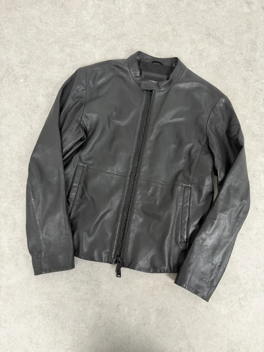 SS2017 Emporio Armani Agent Black Leather Jacket VuhVfTq 3