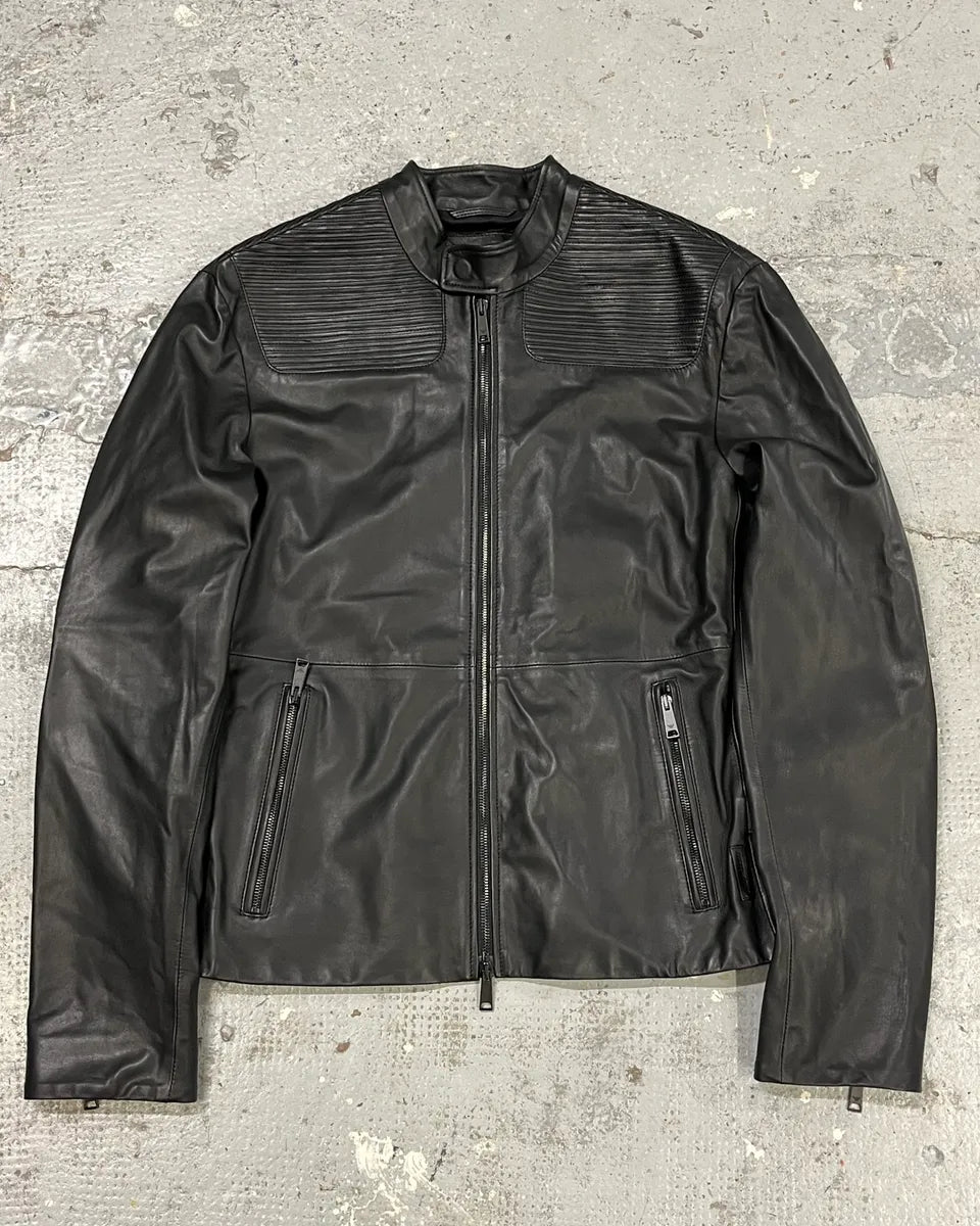 SS2017 Emporio Armani Biker Padded Black Leather Jacket ZdBoMRK 0