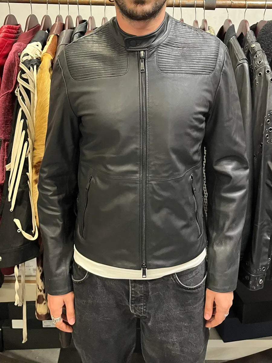 SS2017 Emporio Armani Biker Padded Black Leather Jacket ZdBoMRK 1