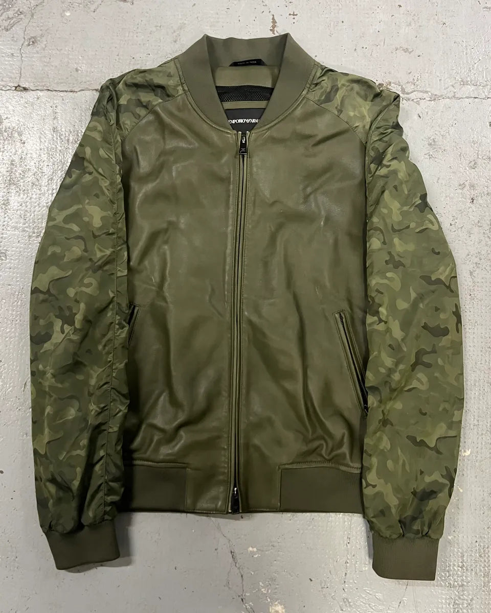 SS2017 Emporio Armani Camo Sleeves Green Leather Bomber Jacket MIQeyCD 0