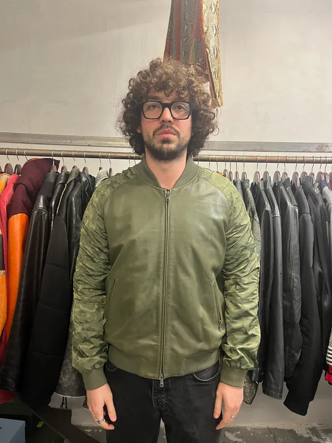 SS2017 Emporio Armani Camo Sleeves Green Leather Bomber Jacket MIQeyCD 1