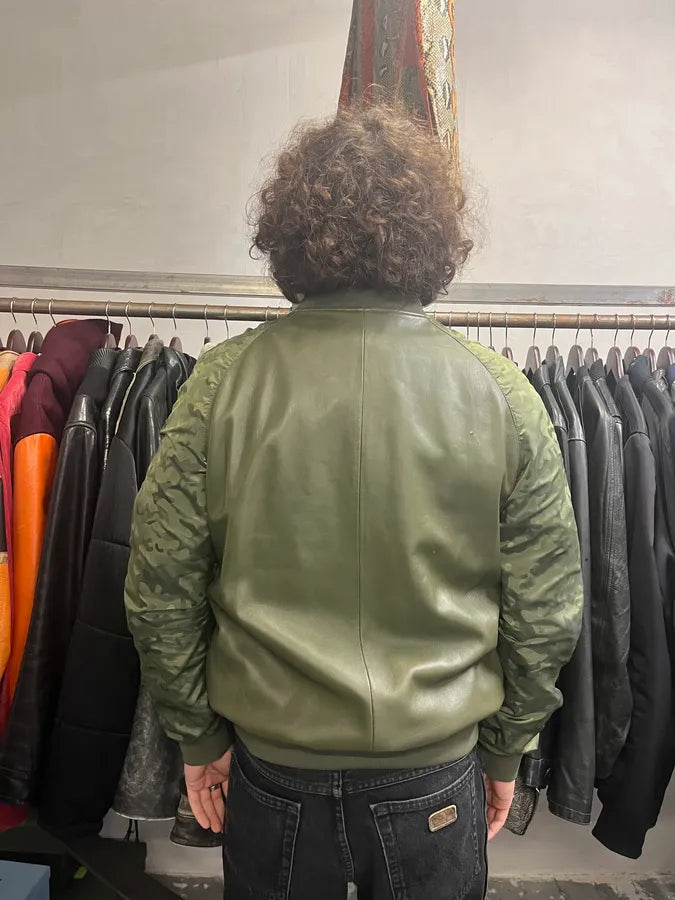SS2017 Emporio Armani Camo Sleeves Green Leather Bomber Jacket MIQeyCD 2