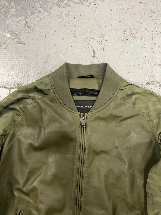 SS2017 Emporio Armani Camo Sleeves Green Leather Bomber Jacket MIQeyCD 3