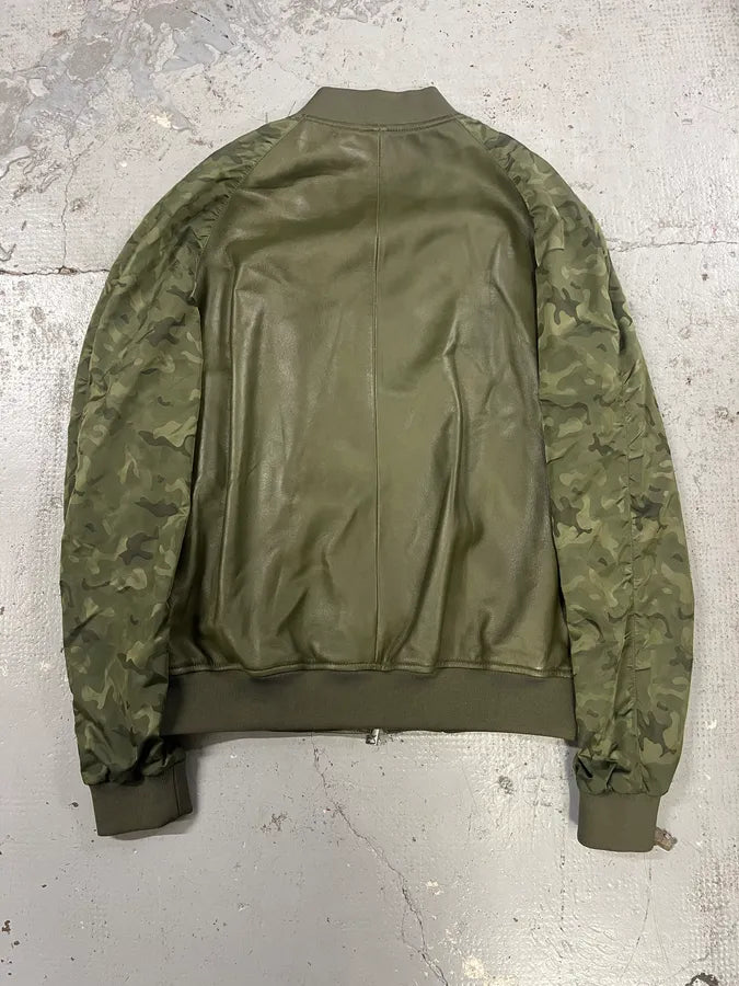 SS2017 Emporio Armani Camo Sleeves Green Leather Bomber Jacket MIQeyCD 5