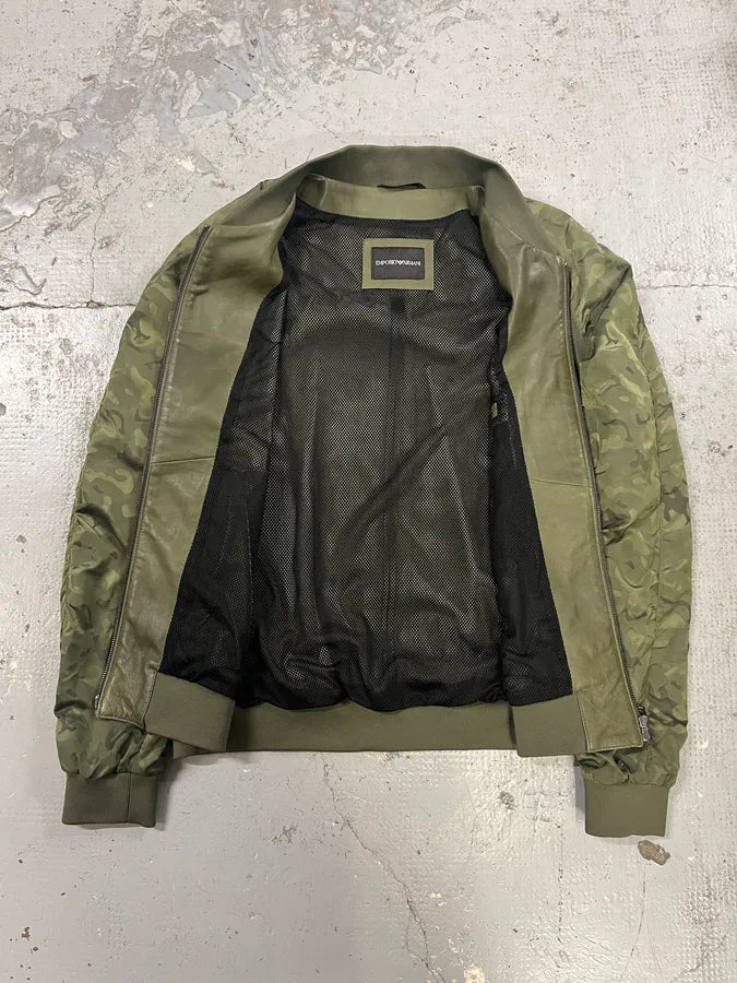 SS2017 Emporio Armani Camo Sleeves Green Leather Bomber Jacket MIQeyCD 6