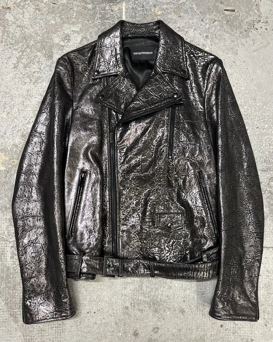 SS2017 Emporio Armani Dark Grey Metalic Lamb Leather Jacket mLXQCMt 0