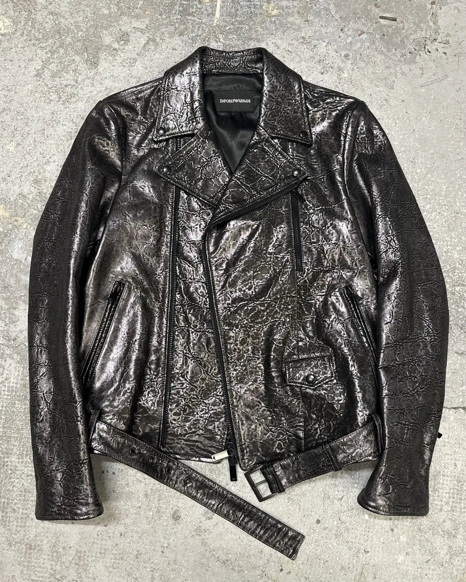 SS2017 Emporio Armani Dark Grey Metalic Lamb Leather Jacket mLXQCMt 2