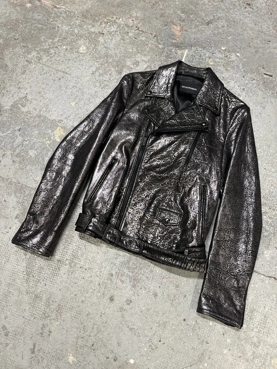 SS2017 Emporio Armani Dark Grey Metalic Lamb Leather Jacket mLXQCMt 5