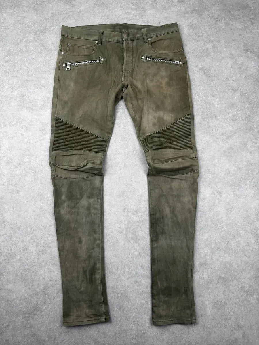 SS2018 Balmain Khaki Washed Denim Ribbed Knee Biker Jeans JpHSyXG 0