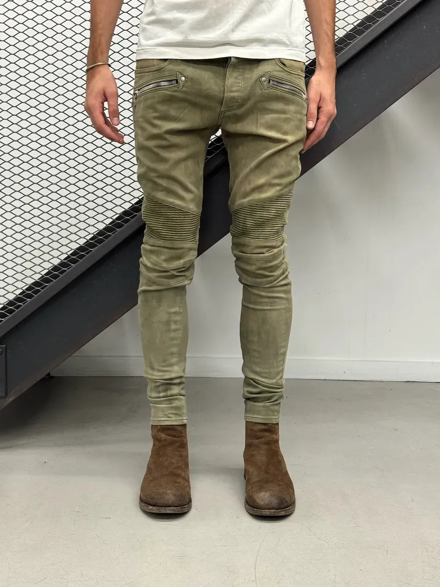 SS2018 Balmain Khaki Washed Denim Ribbed Knee Biker Jeans JpHSyXG 1