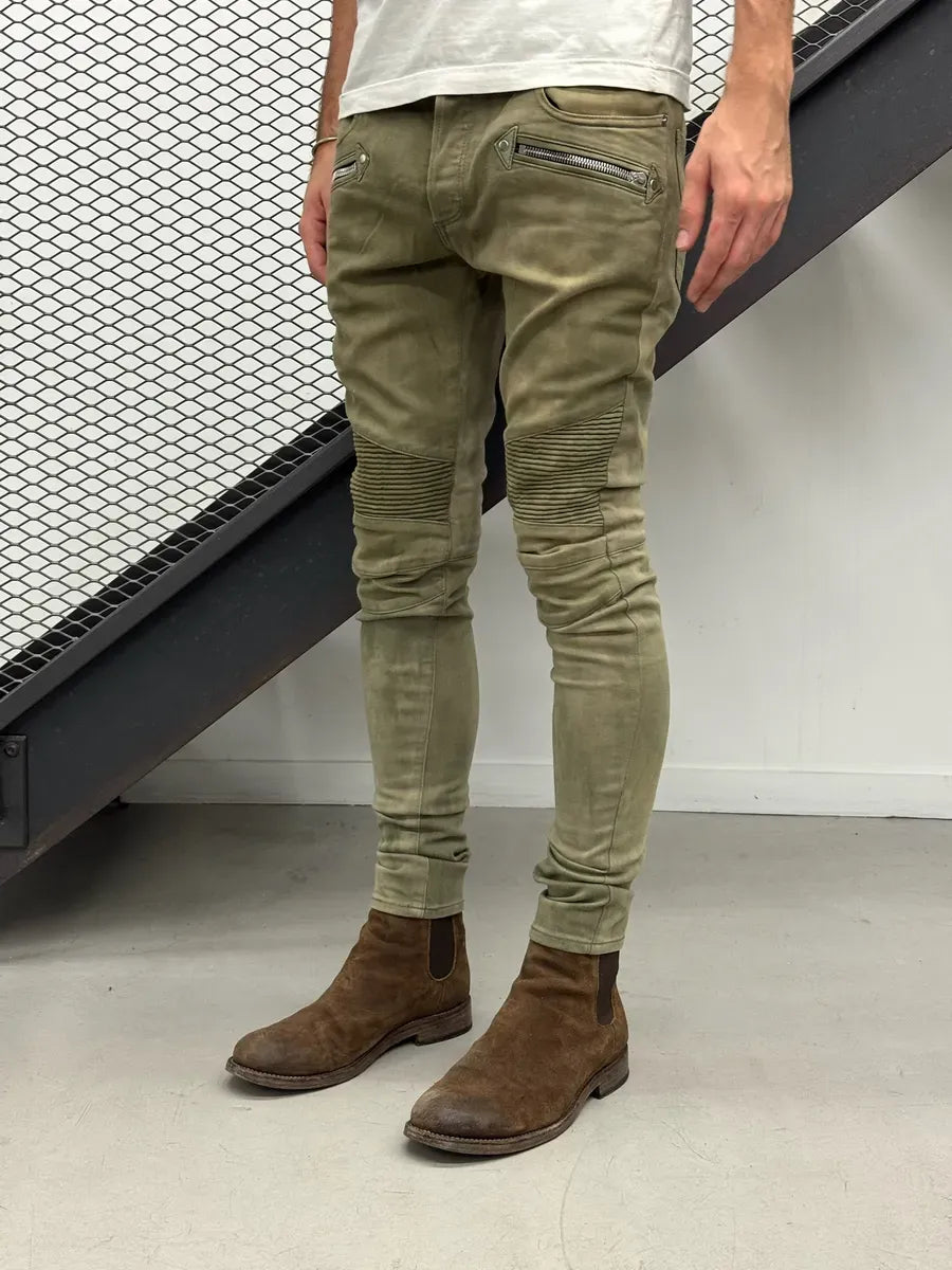 SS2018 Balmain Khaki Washed Denim Ribbed Knee Biker Jeans JpHSyXG 2
