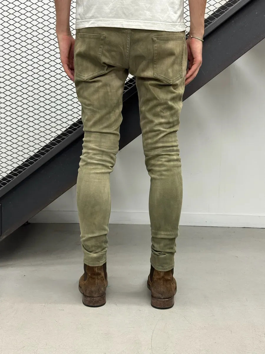 SS2018 Balmain Khaki Washed Denim Ribbed Knee Biker Jeans JpHSyXG 3