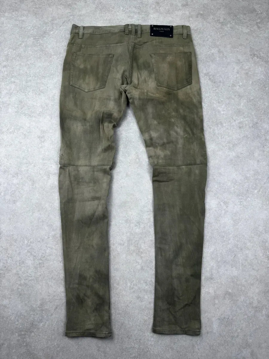 SS2018 Balmain Khaki Washed Denim Ribbed Knee Biker Jeans JpHSyXG 5