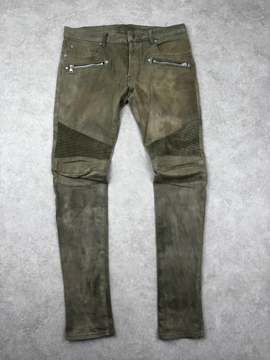 SS2018 Balmain Khaki Washed Denim Ribbed Knee Biker Jeans JpHSyXG 0