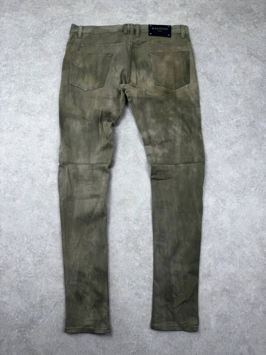 SS2018 Balmain Khaki Washed Denim Ribbed Knee Biker Jeans JpHSyXG 5