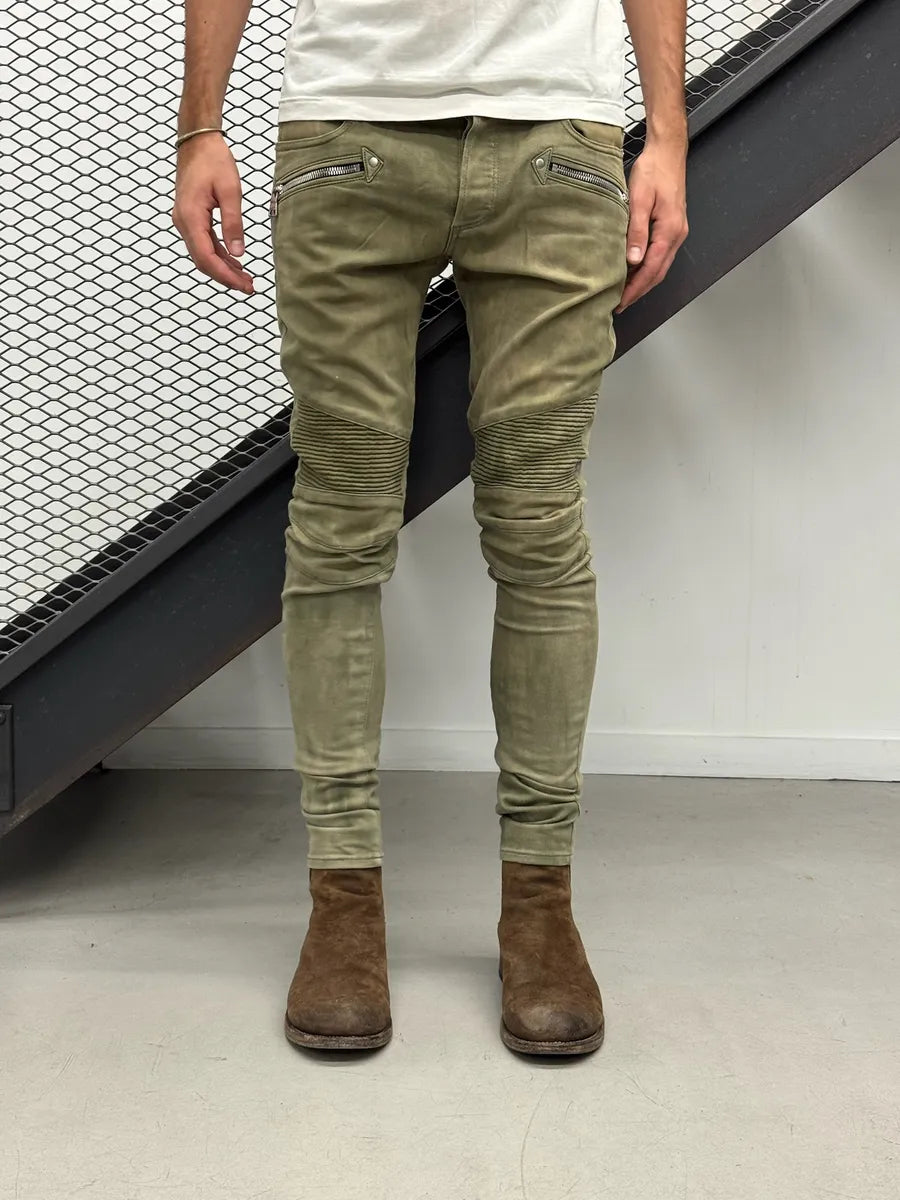 SS2018 Balmain Khaki Washed Denim Ribbed Knee Biker Jeans JpHSyXG 1