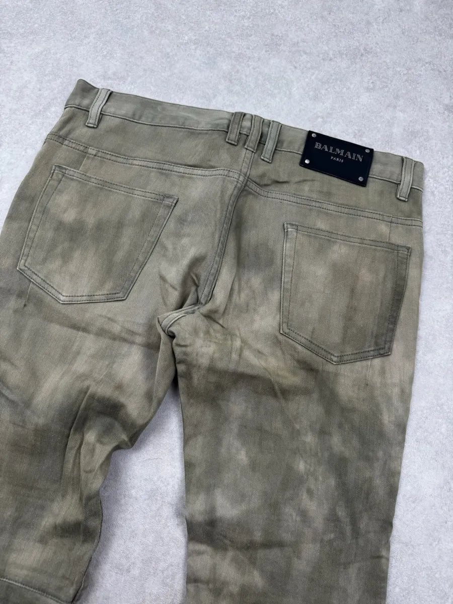 SS2018 Balmain Khaki Washed Denim Ribbed Knee Biker Jeans JpHSyXG 6