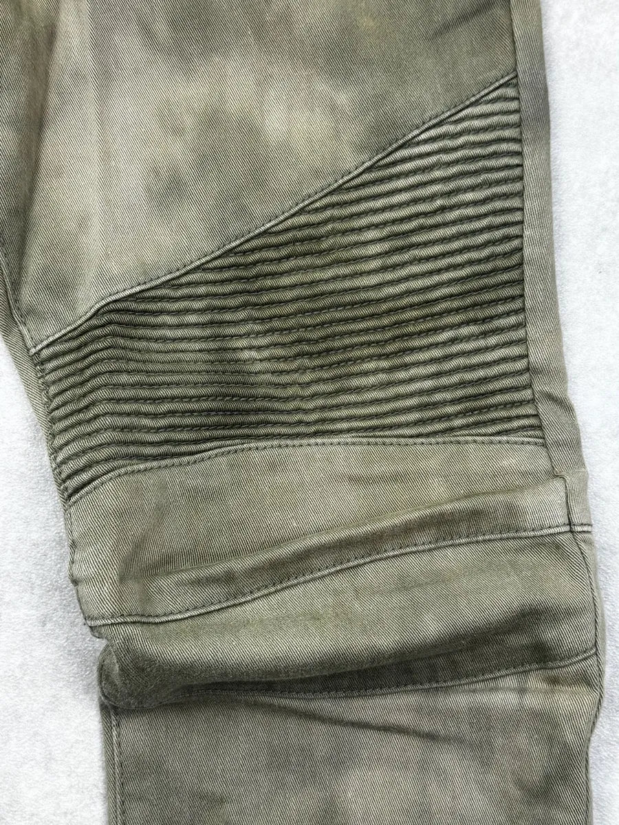 SS2018 Balmain Khaki Washed Denim Ribbed Knee Biker Jeans JpHSyXG 7