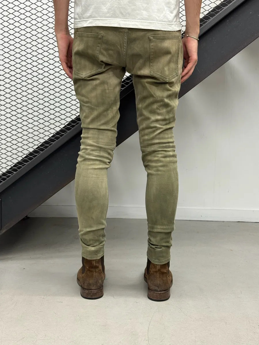 SS2018 Balmain Khaki Washed Denim Ribbed Knee Biker Jeans JpHSyXG 3