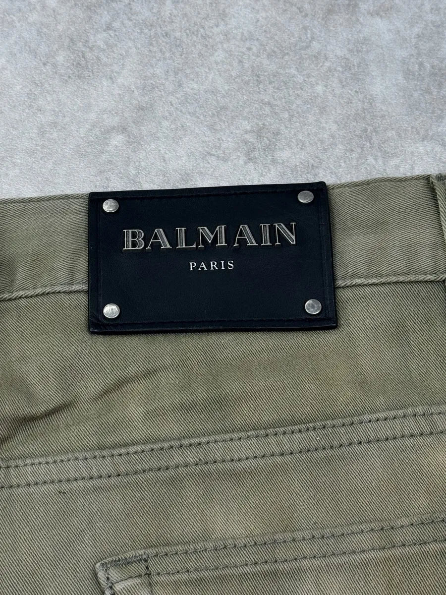 SS2018 Balmain Khaki Washed Denim Ribbed Knee Biker Jeans JpHSyXG 10