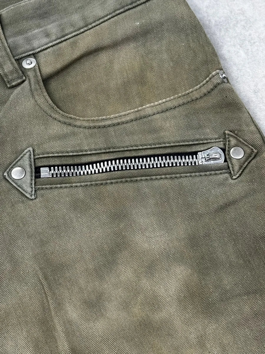 SS2018 Balmain Khaki Washed Denim Ribbed Knee Biker Jeans JpHSyXG 8