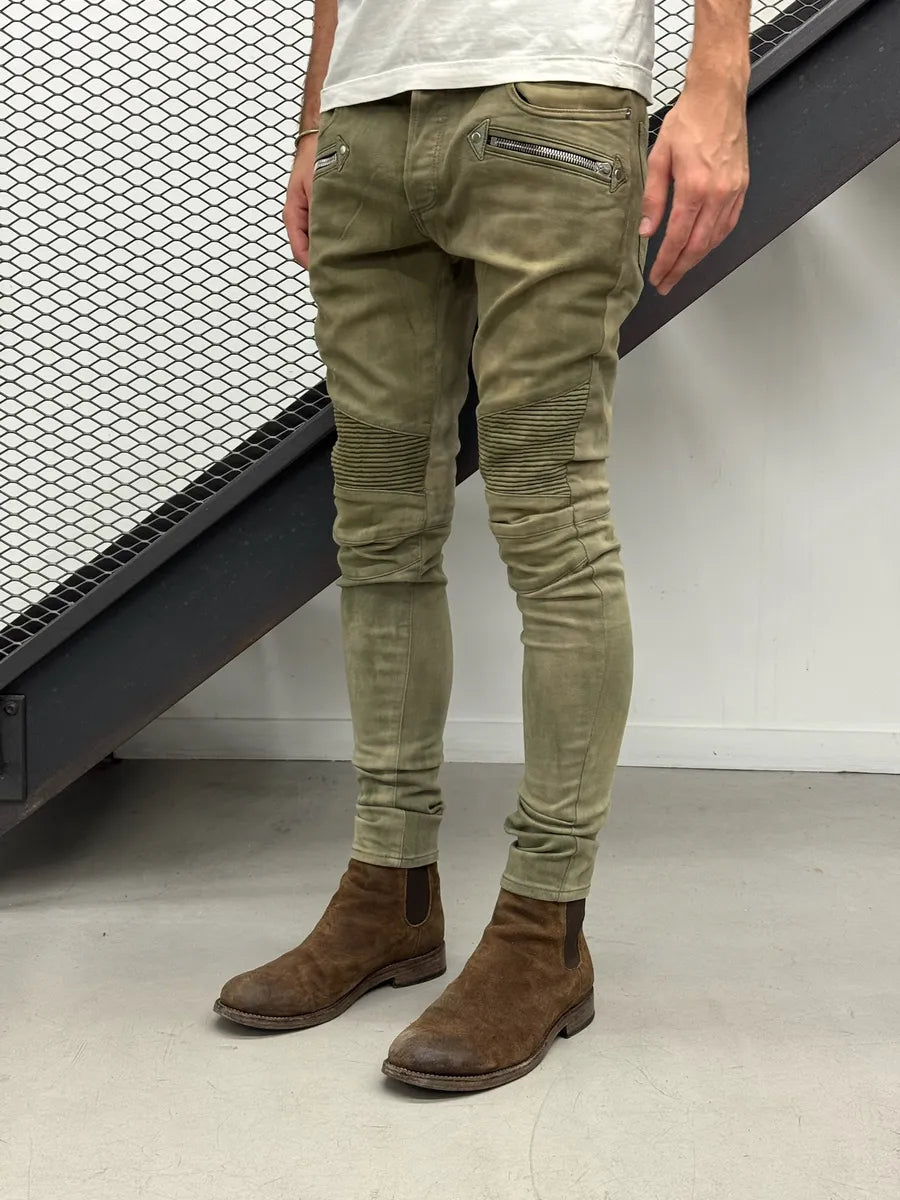 SS2018 Balmain Khaki Washed Denim Ribbed Knee Biker Jeans JpHSyXG 2