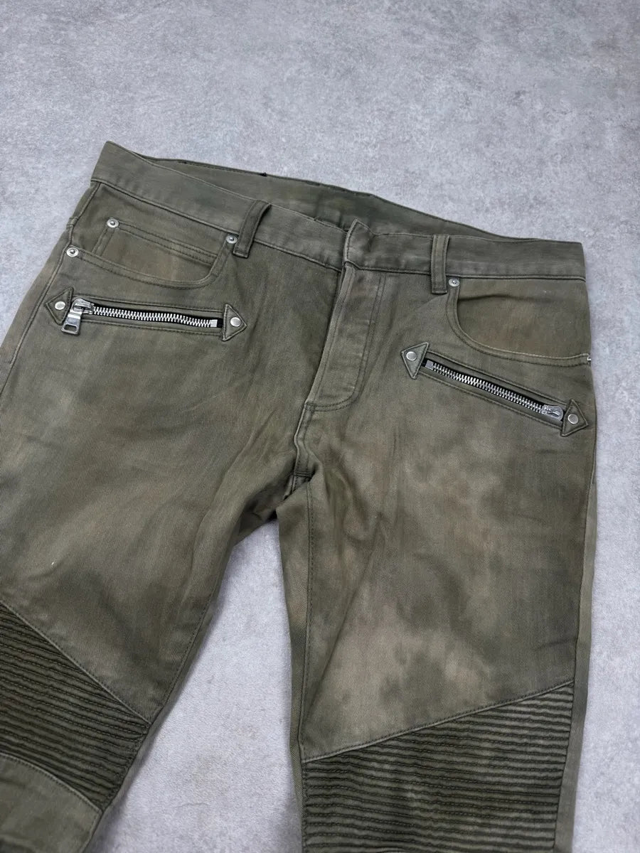 SS2018 Balmain Khaki Washed Denim Ribbed Knee Biker Jeans JpHSyXG 4
