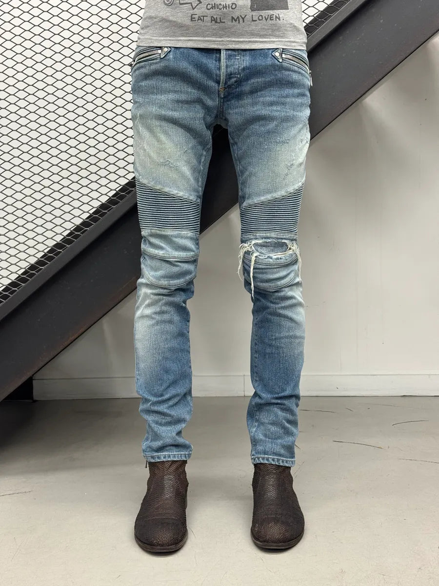 SS2018 Balmain Light Blue Denim Distressed Jeans zrkACVi 1