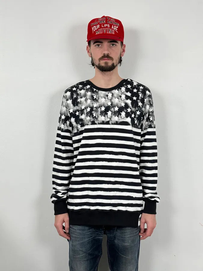 SS2018 Balmain USA Flag Stars Black & White Striped Sweater YDsmoDy 1