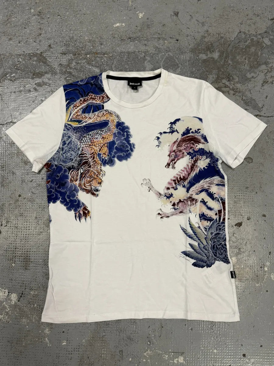 SS2018 Cavalli Asian Monsters Battle White T-Shirt DBNfoFs 0
