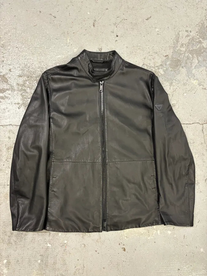 SS2018 Emporio Armani Black Minimalist Leather Jacket (M) hSLQgBK 0