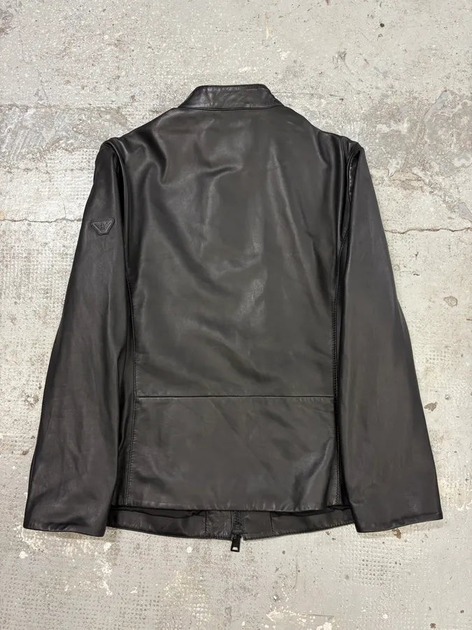 SS2018 Emporio Armani Black Minimalist Leather Jacket (M) hSLQgBK 2